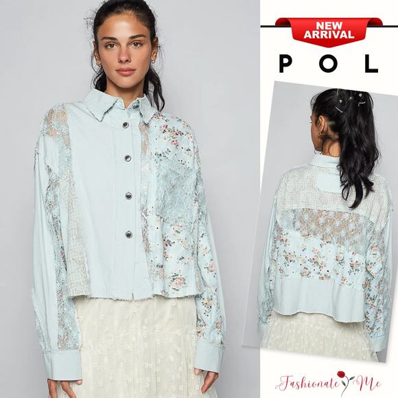 POL Floral Pattern Long Sleeves Lace Panel Details Oversized Shirt | Pastel Blue - Picture 1 of 5